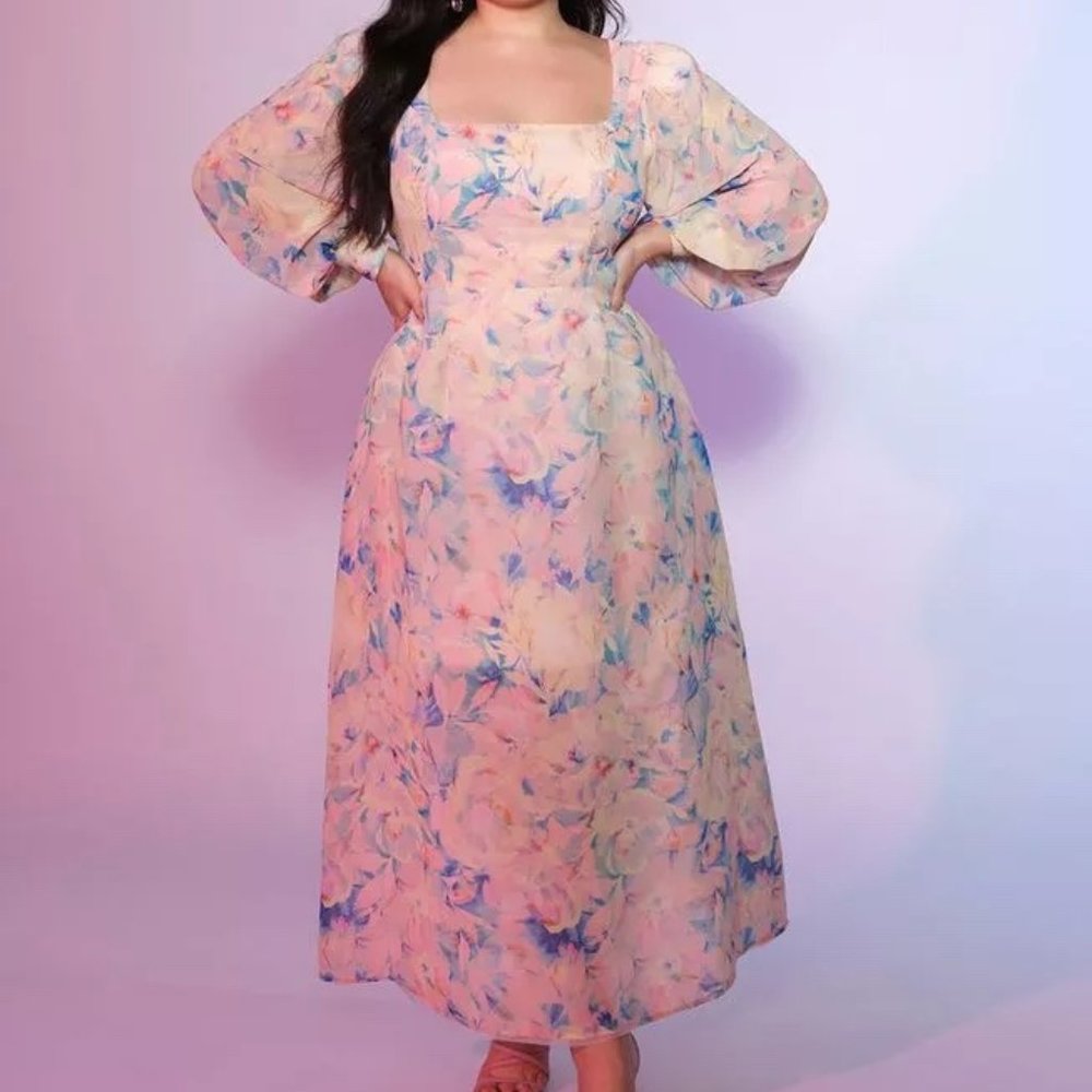 NWT ELOQUII - Plus Size Pastel Spring Floral Long Sleeve Maxi Dress - Size 16W